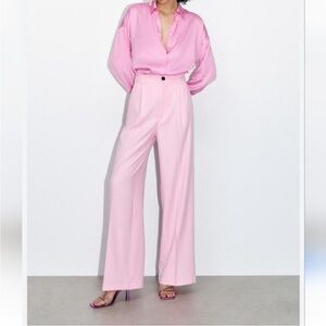 Zara High Waisted Wide Leg Pink Modal Trousers Pants Large